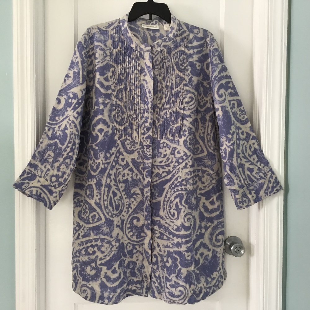 Coldwater Creek Linen Blue/White Pin Tucked Button Down Tunic, Sz 2X, Like New